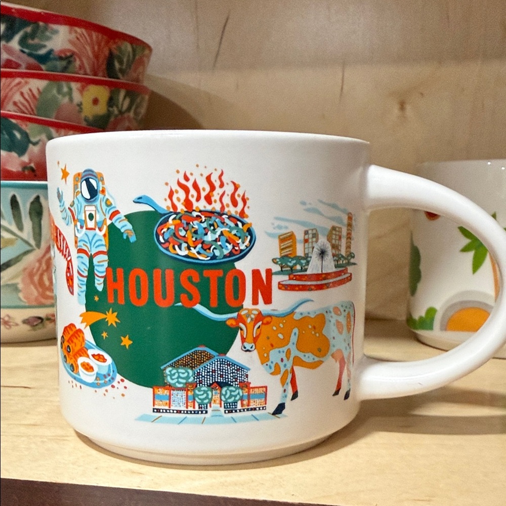 Starbucks White Houston Ceramic Mug with Orange, Teal, Blue and Yellow Artwork